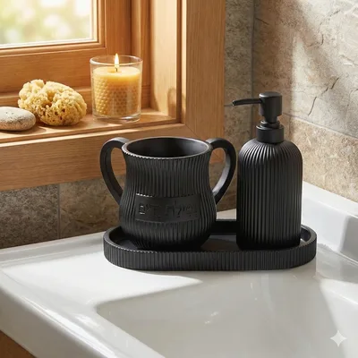 סט סבונייה עם נטלה צבע שחור מפוליריזן מהודר כולל מגש