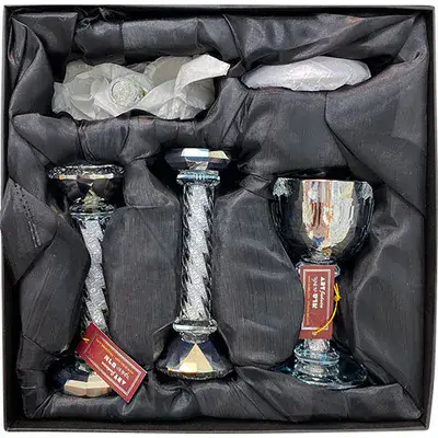 סט גביע קידוש + פמוטים + מלחייה מקריסטל מט